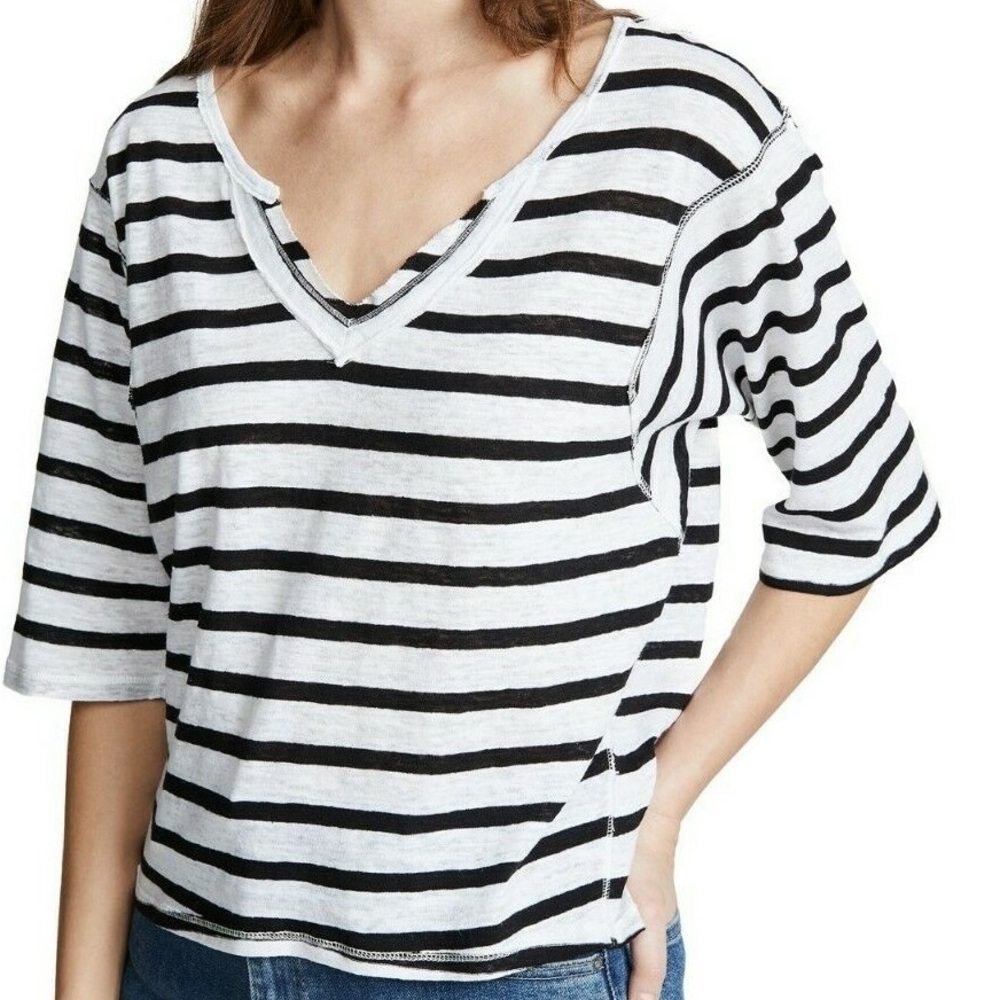 we the free black white striped v-neck top women's large classic minimal casual